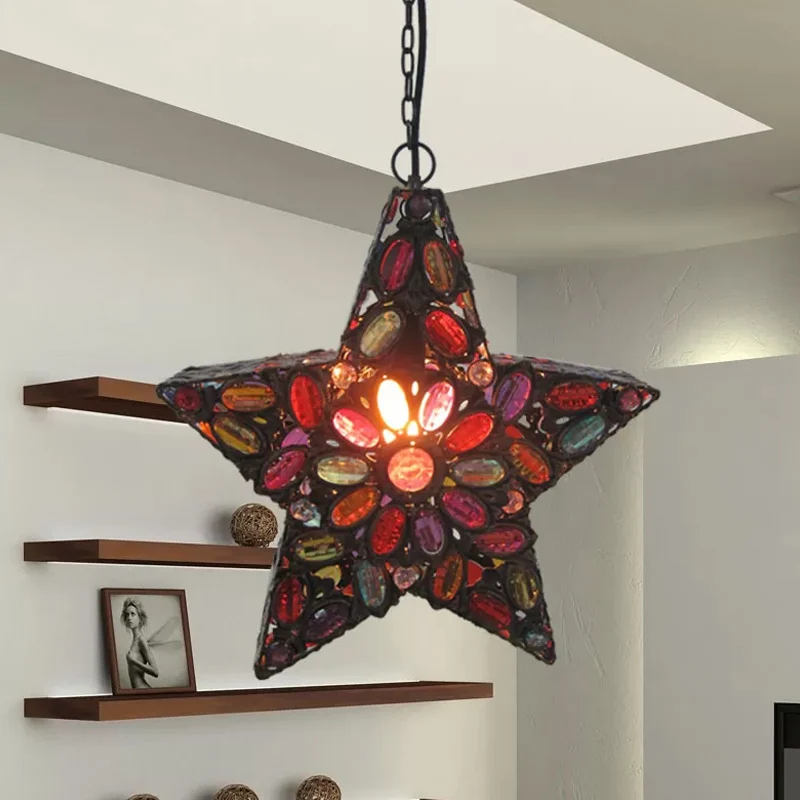 Metalen pentagram hangende plafondlamp Boheemse 1-kops woonkamerdruppellamp rood Clearhalo