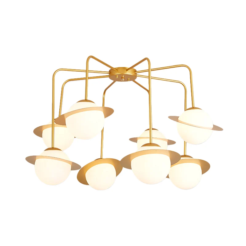Metalen radiale kroonluchterlamp eigentijds 8 lampen goud/chroom led hangend plafondlamp met witte glazen bolkap Clearhalo