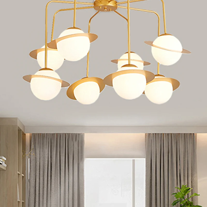 Metalen radiale kroonluchterlamp eigentijds 8 lampen goud/chroom led hangend plafondlamp met witte glazen bolkap Clearhalo