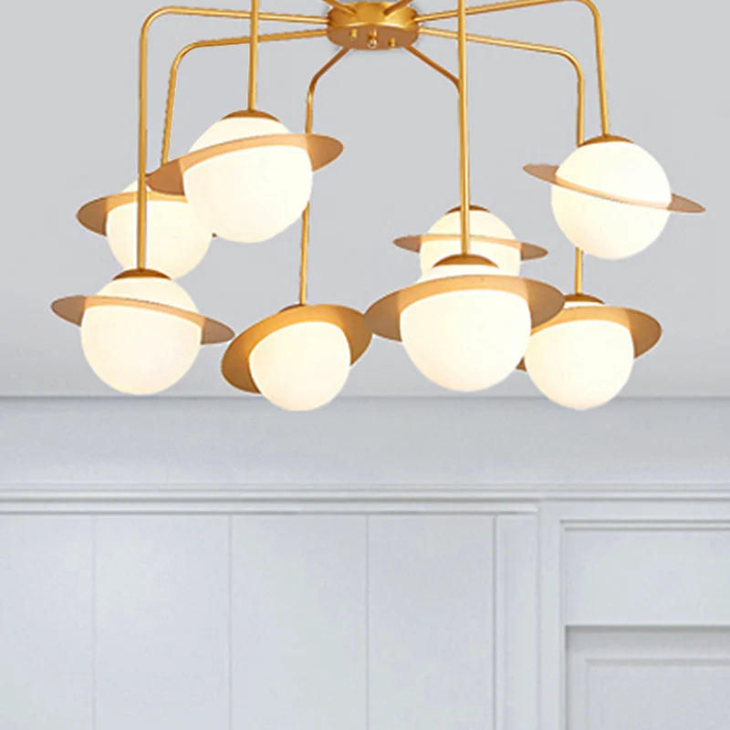 Metalen radiale kroonluchterlamp eigentijds 8 lampen goud/chroom led hangend plafondlamp met witte glazen bolkap Clearhalo