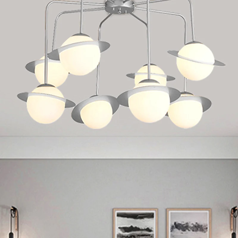 Metalen radiale kroonluchterlamp eigentijds 8 lampen goud/chroom led hangend plafondlamp met witte glazen bolkap Clearhalo
