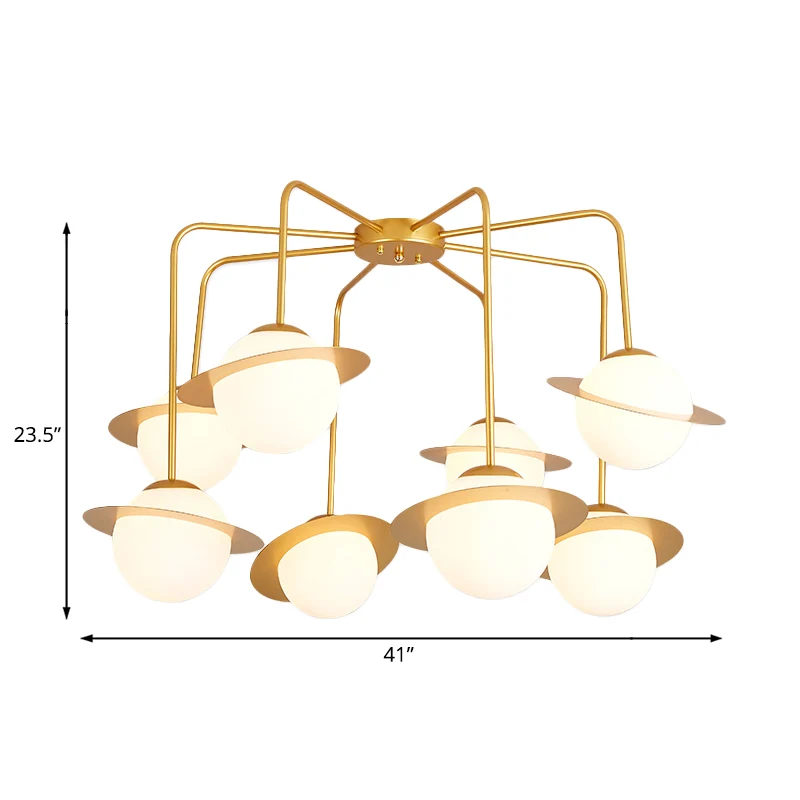 Metalen radiale kroonluchterlamp eigentijds 8 lampen goud/chroom led hangend plafondlamp met witte glazen bolkap Clearhalo