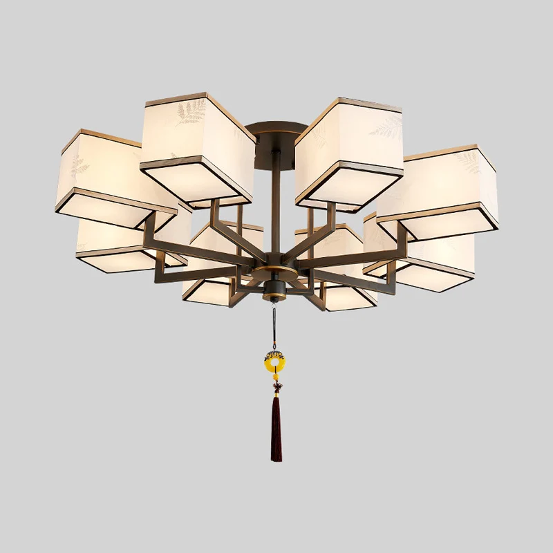 Metalen rechthoek semi-inbouwverlichting Klassiek metaal 6/8/10 lampen Woonkamerplafondlamp met stoffen kap Clearhalo