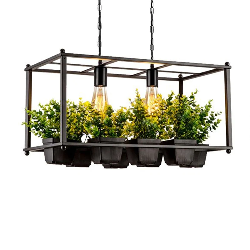 Metalen rechthoekige Cage Island-lamp, industriële hanglamp voor woonkamer met 2 lampen en nep-plantenpot groen Clearhalo