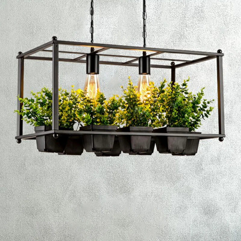 Metalen rechthoekige Cage Island-lamp, industriële hanglamp voor woonkamer met 2 lampen en nep-plantenpot groen Clearhalo