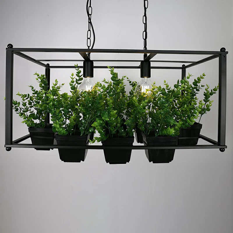 Metalen rechthoekige Cage Island-lamp, industriële hanglamp voor woonkamer met 2 lampen en nep-plantenpot groen Clearhalo