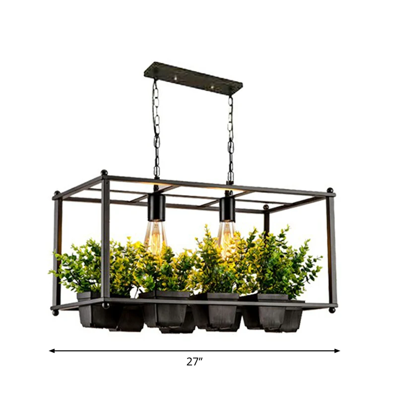 Metalen rechthoekige Cage Island-lamp, industriële hanglamp voor woonkamer met 2 lampen en nep-plantenpot groen Clearhalo