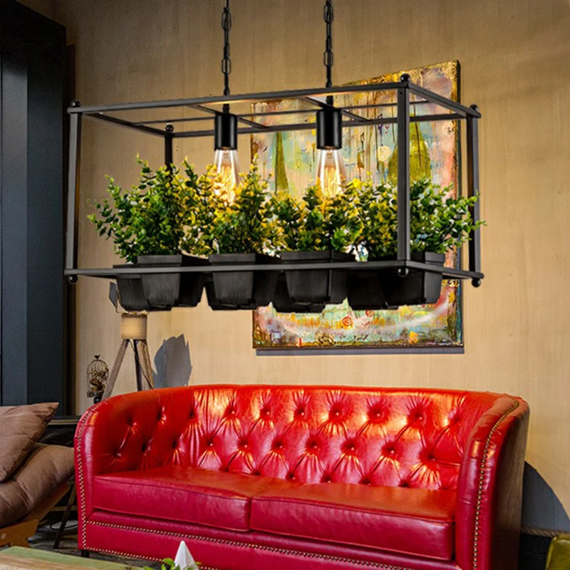 Metalen rechthoekige Cage Island-lamp, industriële hanglamp voor woonkamer met 2 lampen en nep-plantenpot groen Clearhalo