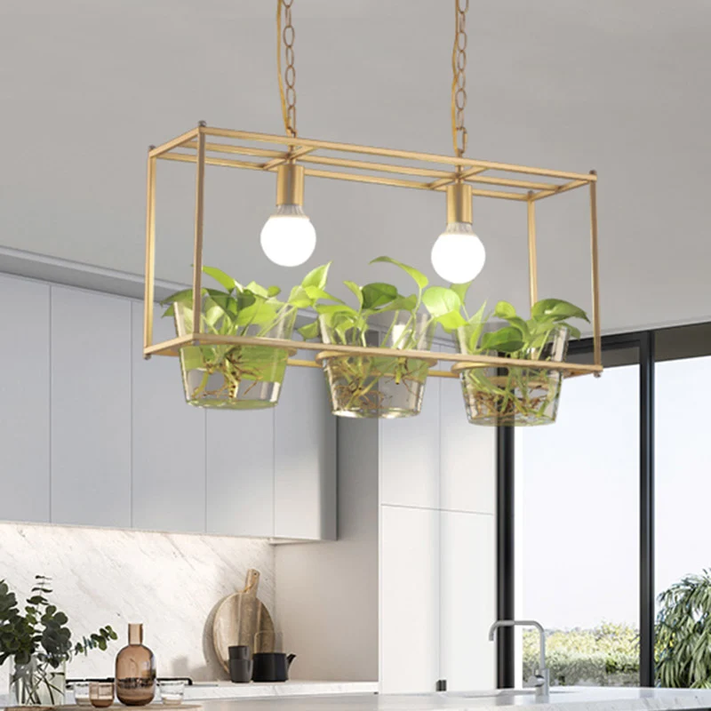 Metalen rechthoekige eilandplafondlamp Retro 2 lampen Eetkamer LED-hanglamp zwart/goud Clearhalo