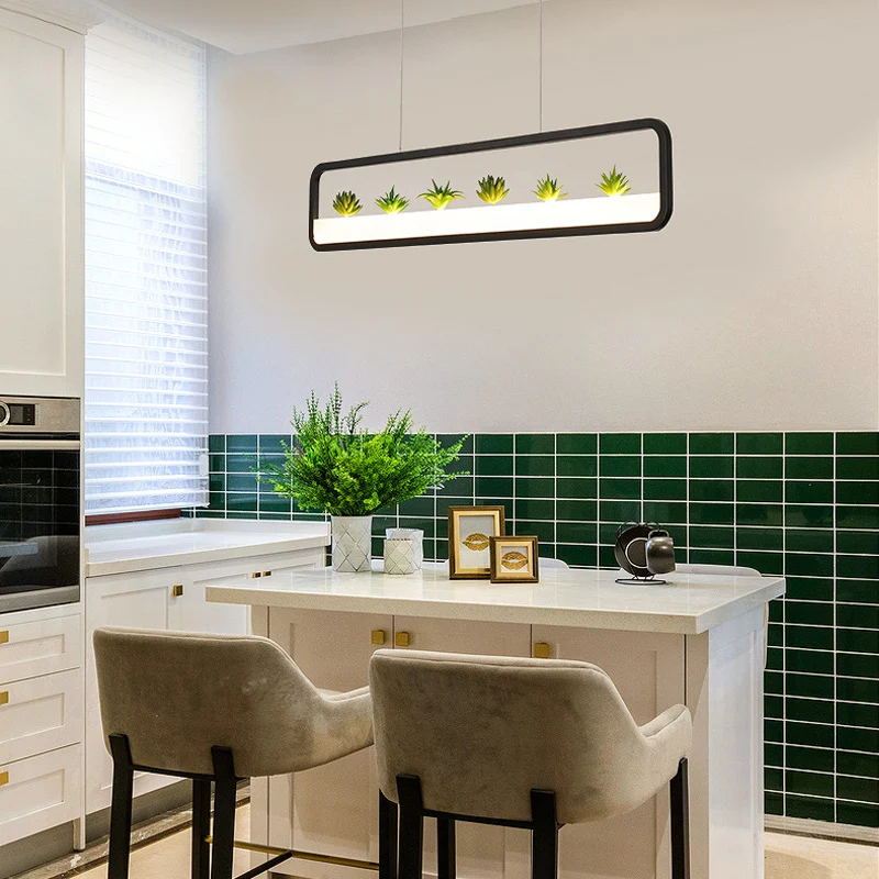 Metalen rechthoekige kroonluchter modernistische led 27,5 inch breed plafondhangend licht wit/zwart met kunstplant, wit/wa...
