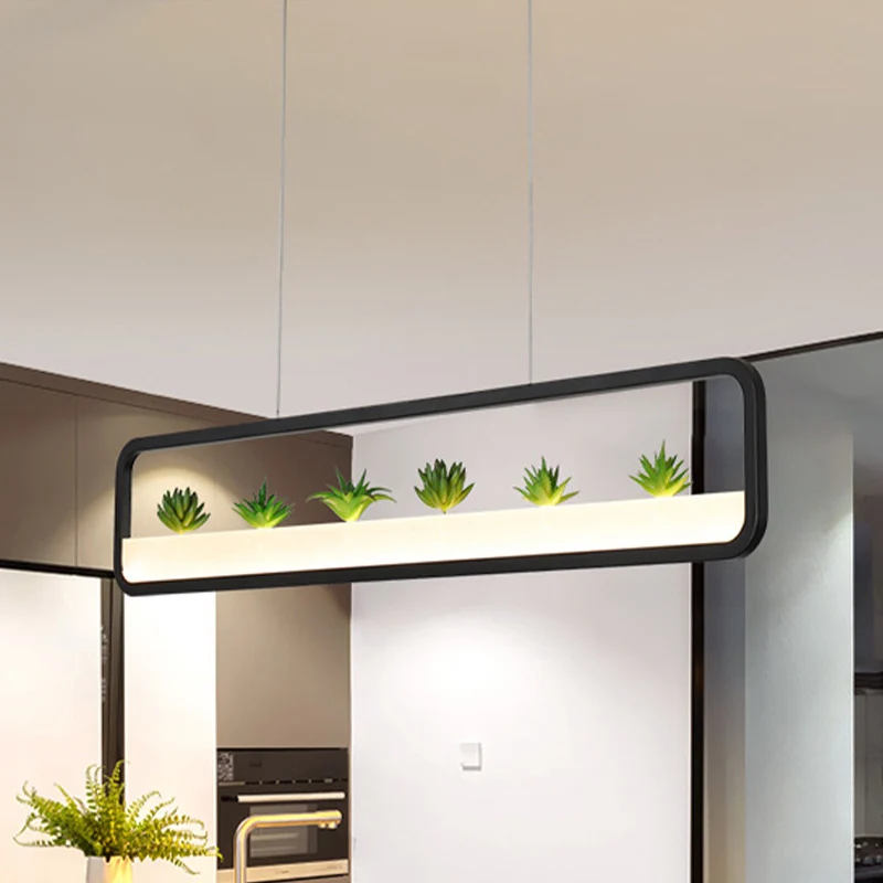 Metalen rechthoekige kroonluchter modernistische led 27,5 inch breed plafondhangend licht wit/zwart met kunstplant, wit/wa...