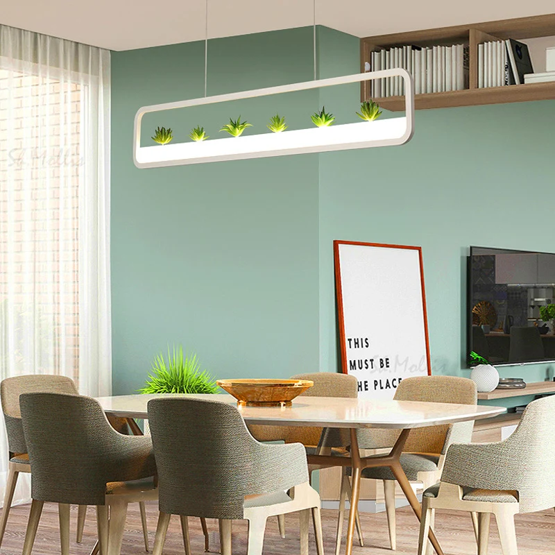 Metalen rechthoekige kroonluchter modernistische led 27,5 inch breed plafondhangend licht wit/zwart met kunstplant, wit/wa...