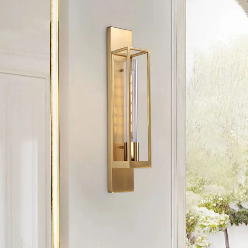 Metalen rechthoekige wandkandelaar Verlichting Luxe 1-lamps woonkamerwandlamp goud met cilindervormige helderglazen kap Cl...