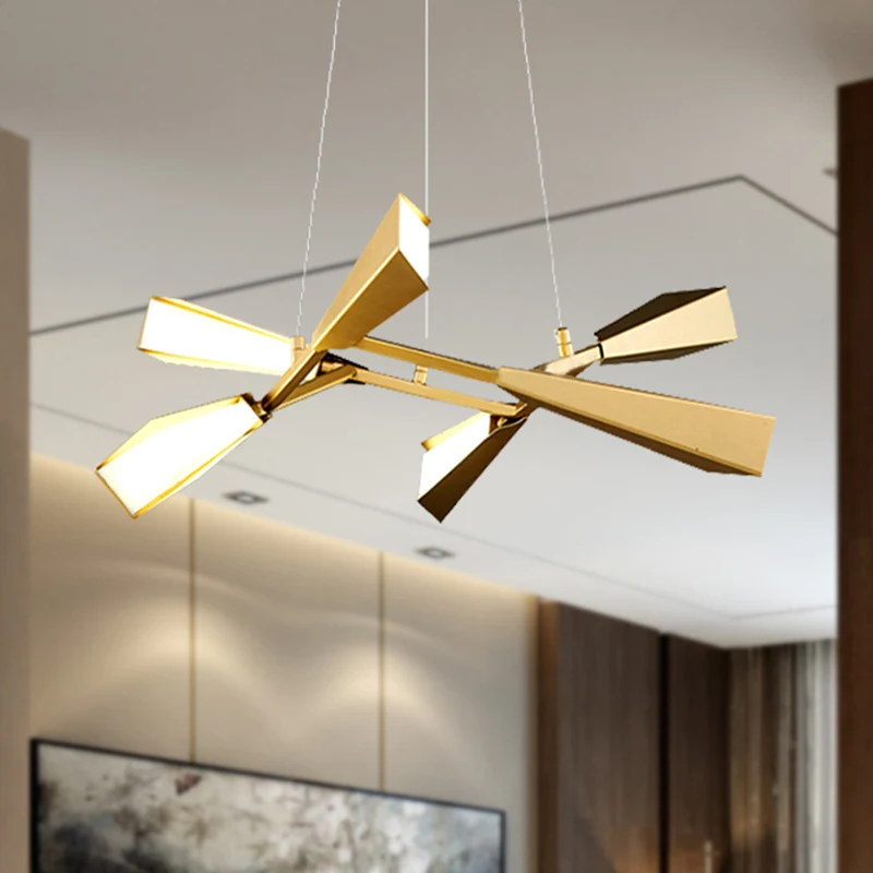 Metalen rechtlijnige kroonluchterverlichting met ganzenkap moderne 6/8 lichten gouden eetkamer hanglamp warm/wit Clearhalo