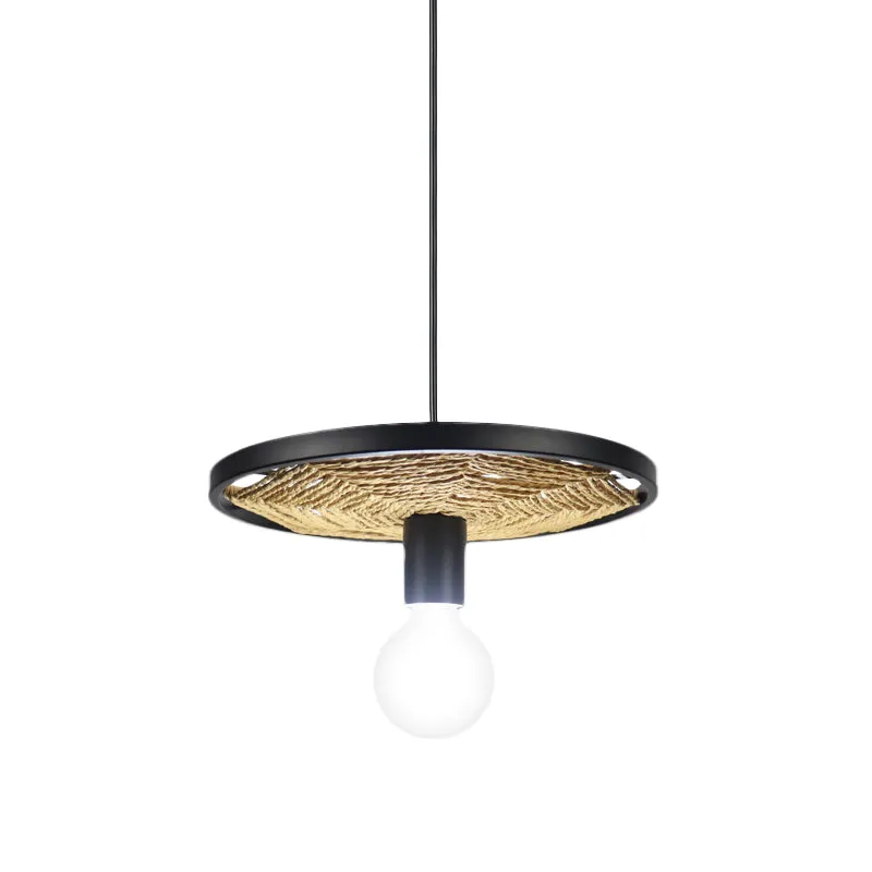 Metalen ring hanglamp moderne stijl 1/3-lichts plafondlamp met zwarte afwerking en touwdetail voor eetkamer Clearhalo