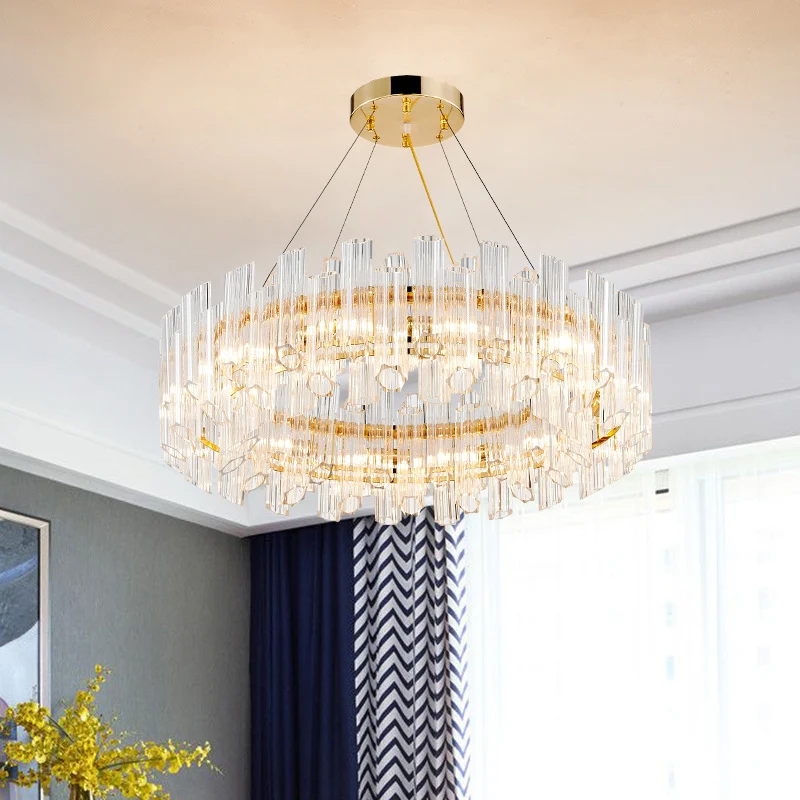 Metalen ring hanglamp modernistische multi-licht hangende kroonluchter met kristallen pijp goud Clearhalo