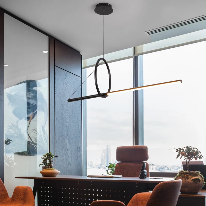 Metalen ring en lineaire eiland-hanglamp Eigentijdse zwarte LED-plafondlamp voor eetkamer Clearhalo