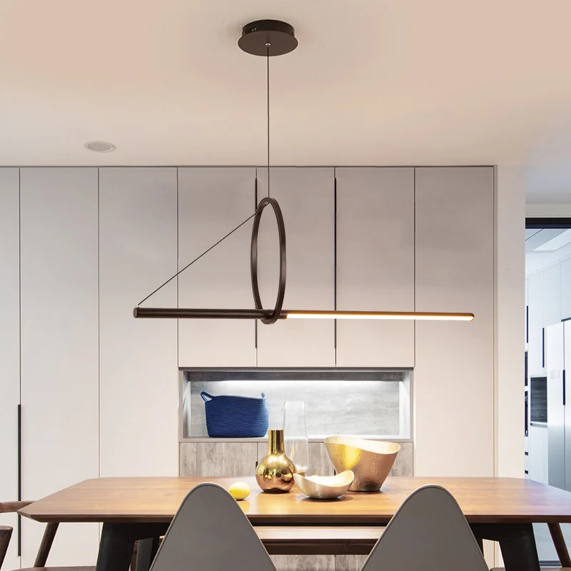 Metalen ring en lineaire eiland-hanglamp Eigentijdse zwarte LED-plafondlamp voor eetkamer Clearhalo