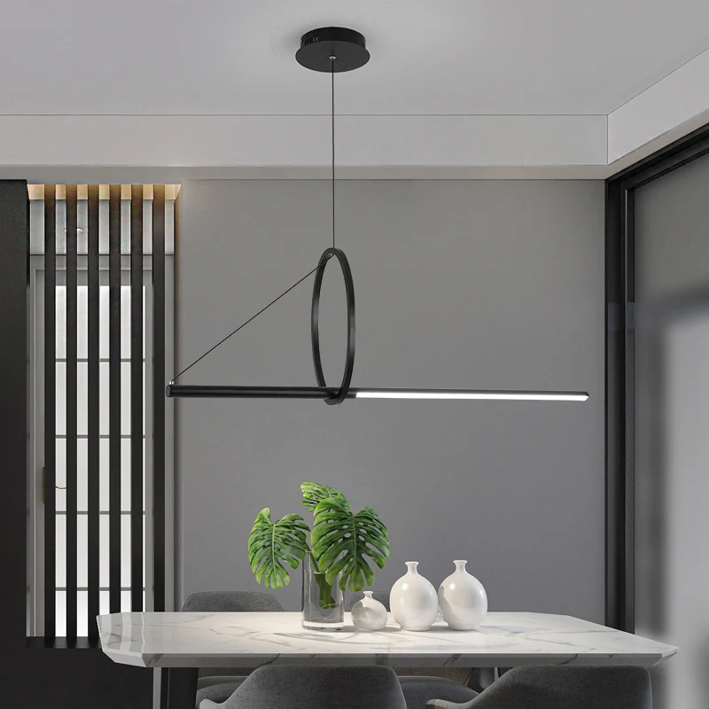 Metalen ring en lineaire eiland-hanglamp Eigentijdse zwarte LED-plafondlamp voor eetkamer Clearhalo