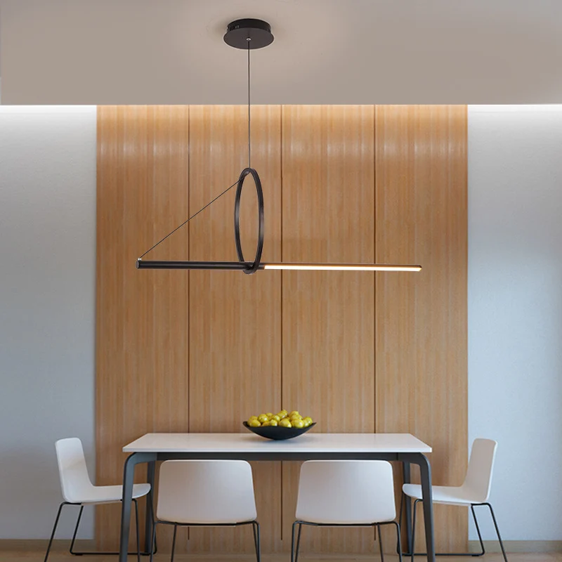 Metalen ring en lineaire eiland-hanglamp Eigentijdse zwarte LED-plafondlamp voor eetkamer Clearhalo