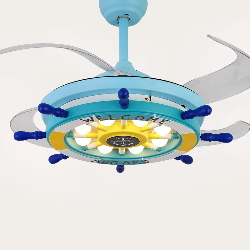 Metalen roer semi-inbouw plafondlamp kinderen 42 inch brede LED blauwe hangende ventilatorlamp met 4 heldere bladen Clearhalo