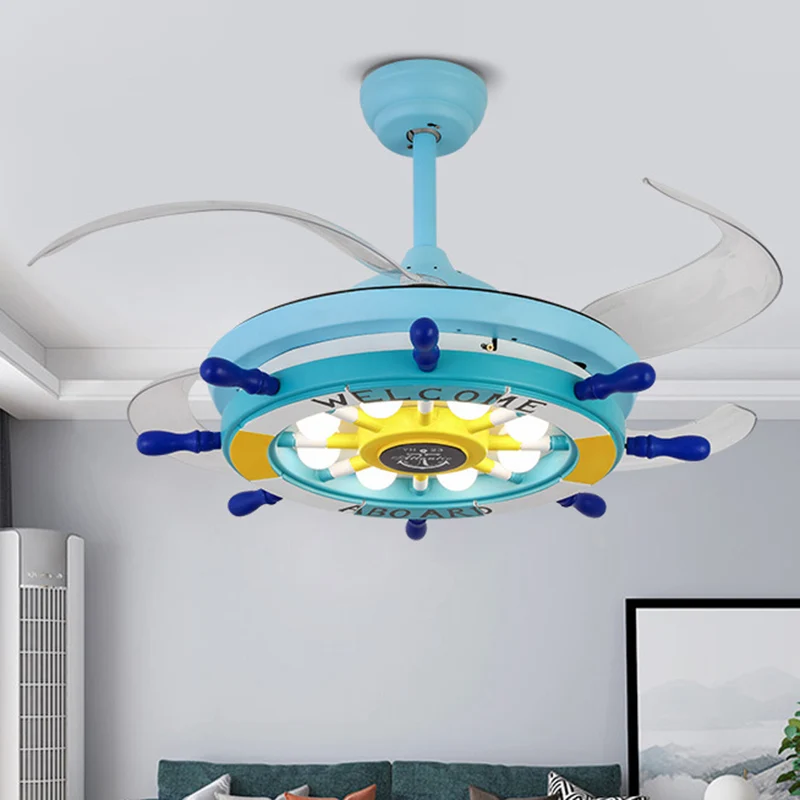 Metalen roer semi-inbouw plafondlamp kinderen 42 inch brede LED blauwe hangende ventilatorlamp met 4 heldere bladen Clearhalo