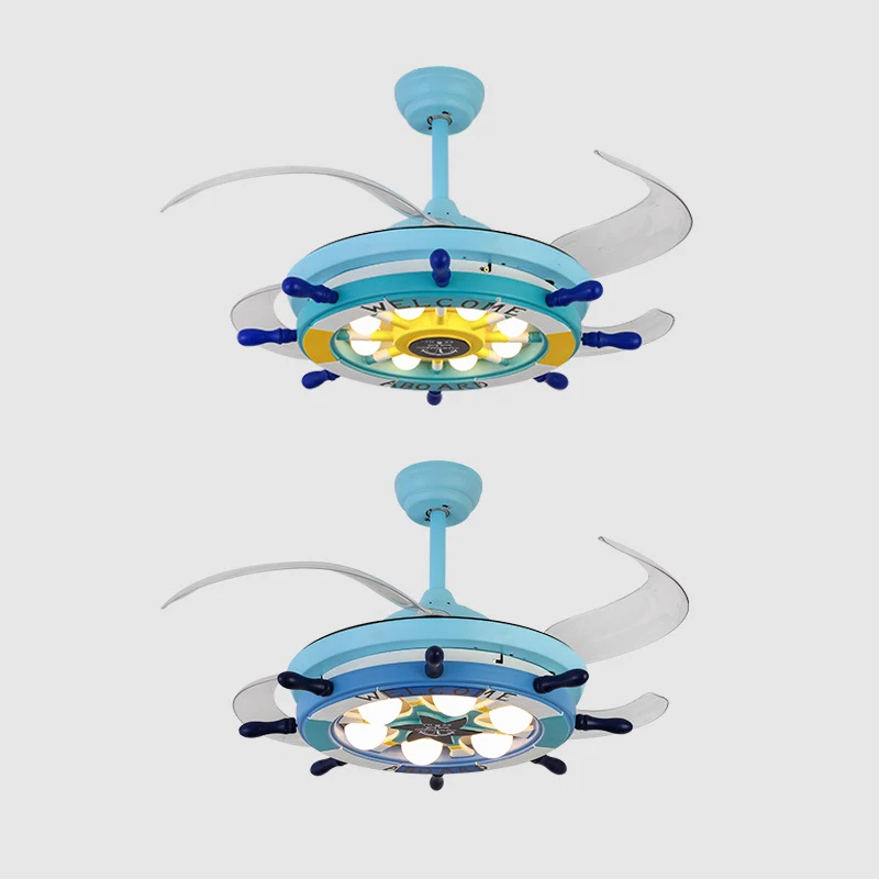 Metalen roer semi-inbouw plafondlamp kinderen 42 inch brede LED blauwe hangende ventilatorlamp met 4 heldere bladen Clearhalo