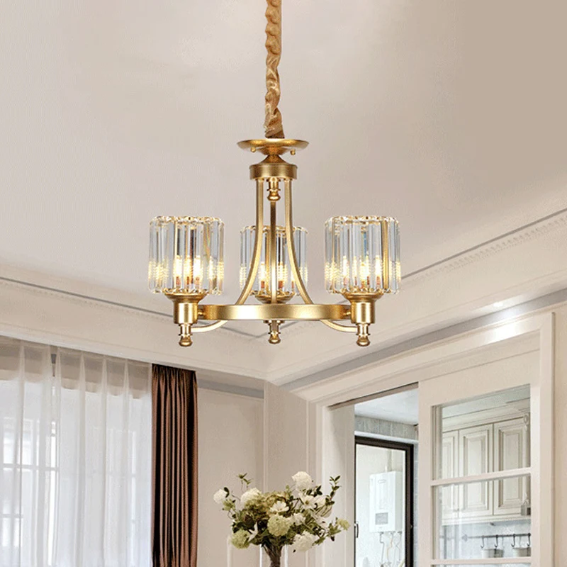 Metalen ronde kroonluchterverlichting Hedendaagse gouden plafondhanglamp met 3/6 lampen en trommelkristallen prismakap Cle...