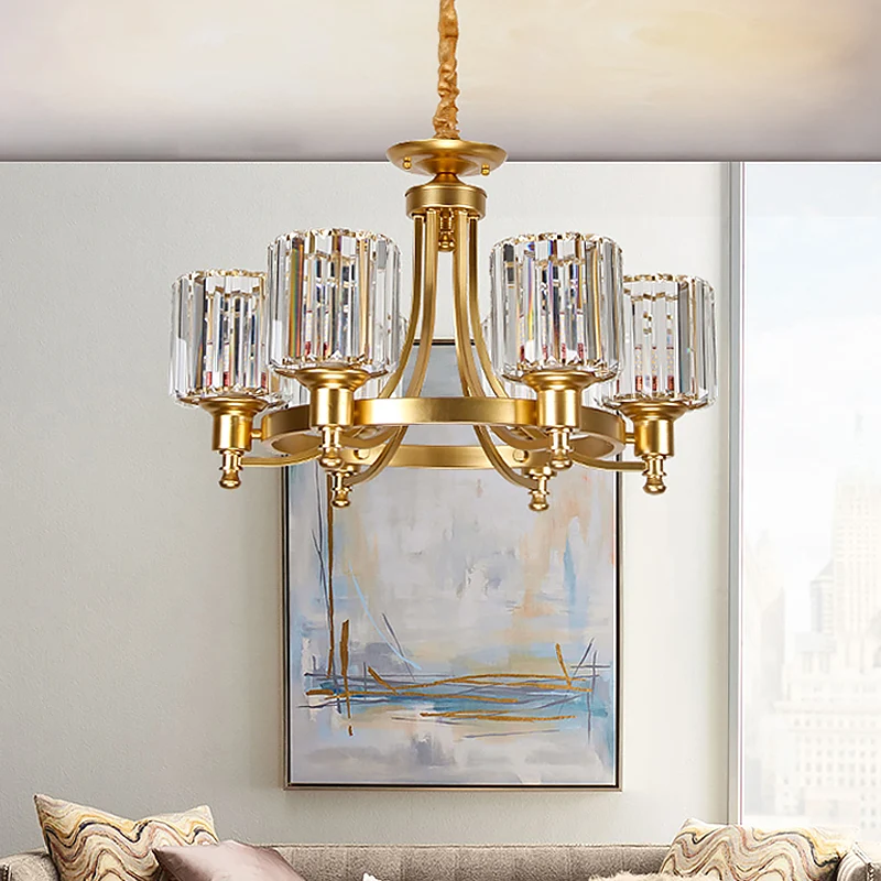 Metalen ronde kroonluchterverlichting Hedendaagse gouden plafondhanglamp met 3/6 lampen en trommelkristallen prismakap Cle...
