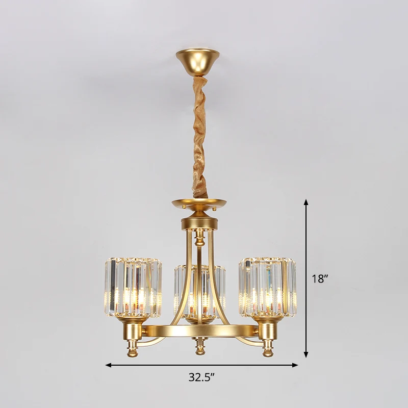 Metalen ronde kroonluchterverlichting Hedendaagse gouden plafondhanglamp met 3/6 lampen en trommelkristallen prismakap Cle...