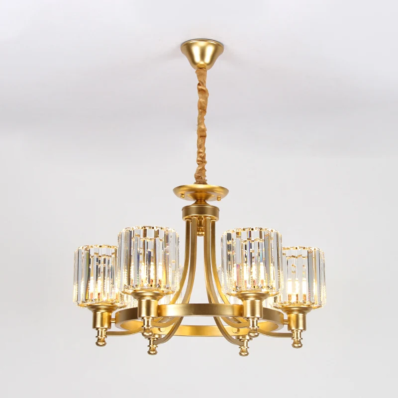 Metalen ronde kroonluchterverlichting Hedendaagse gouden plafondhanglamp met 3/6 lampen en trommelkristallen prismakap Cle...