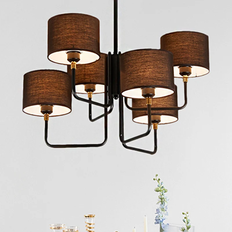 Metalen Spoetnik-kroonluchterlamp Hedendaagse multi-verlichting Zwarte led hangende hanglamp met bruin/witte stoffen tromm...