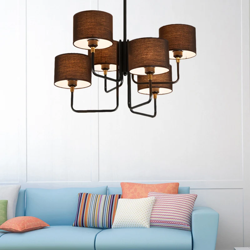 Metalen Spoetnik-kroonluchterlamp Hedendaagse multi-verlichting Zwarte led hangende hanglamp met bruin/witte stoffen tromm...