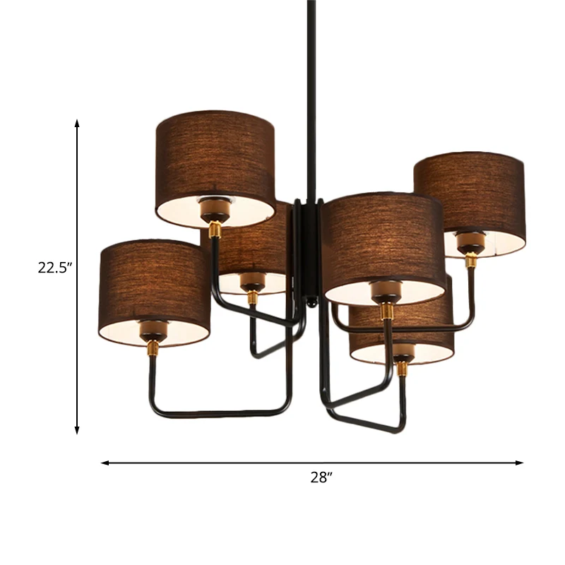 Metalen Spoetnik-kroonluchterlamp Hedendaagse multi-verlichting Zwarte led hangende hanglamp met bruin/witte stoffen tromm...