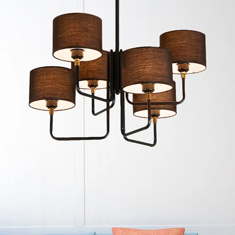 Metalen Spoetnik-kroonluchterlamp Hedendaagse multi-verlichting Zwarte led hangende hanglamp met bruin/witte stoffen tromm...