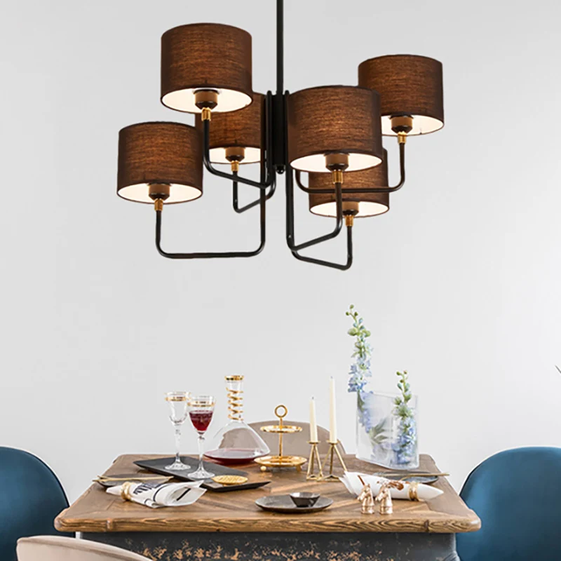 Metalen Spoetnik-kroonluchterlamp Hedendaagse multi-verlichting Zwarte led hangende hanglamp met bruin/witte stoffen tromm...