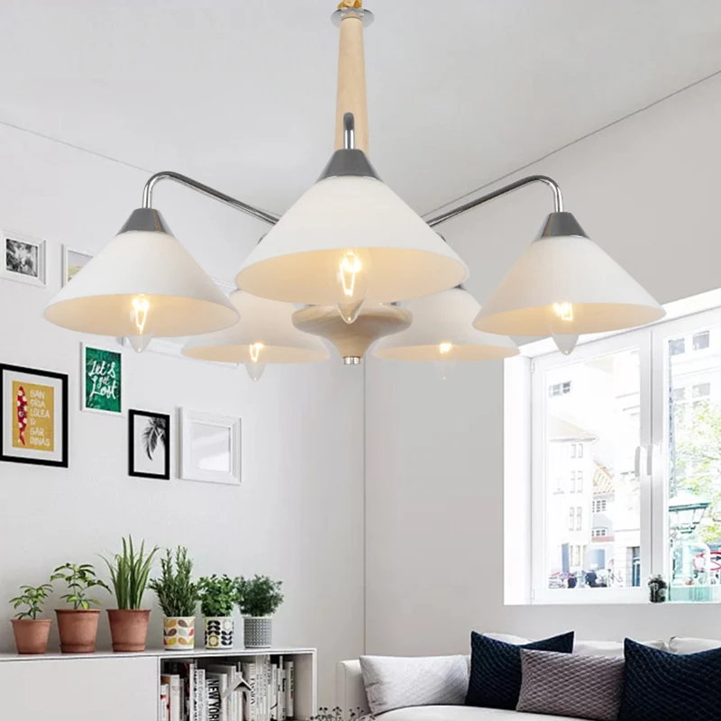 Metalen Sputnik kroonluchterlamp modern 5-kops wit hangend plafondlicht met kegel acryl kap Clearhalo