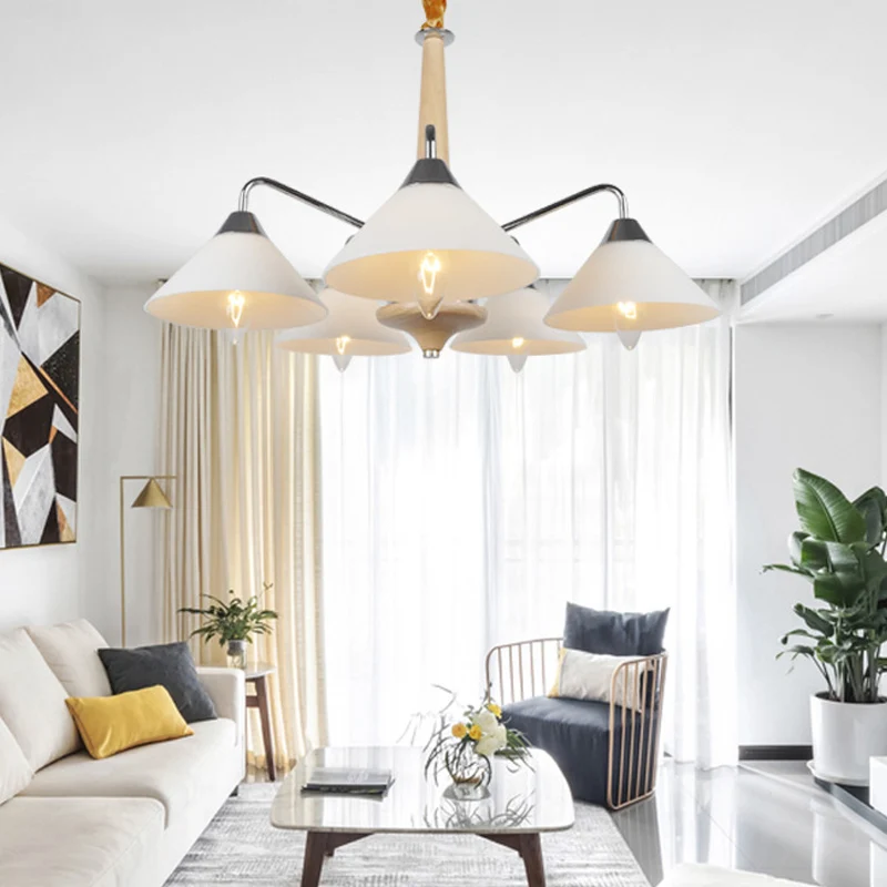 Metalen Sputnik kroonluchterlamp modern 5-kops wit hangend plafondlicht met kegel acryl kap Clearhalo