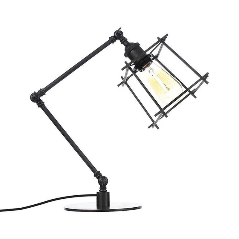 Metalen trapeziumvormige kooi-tafellamp Vintage stijl 1 kop Zwart/messing afwerking Tafelverlichting met verstelbare arm C...
