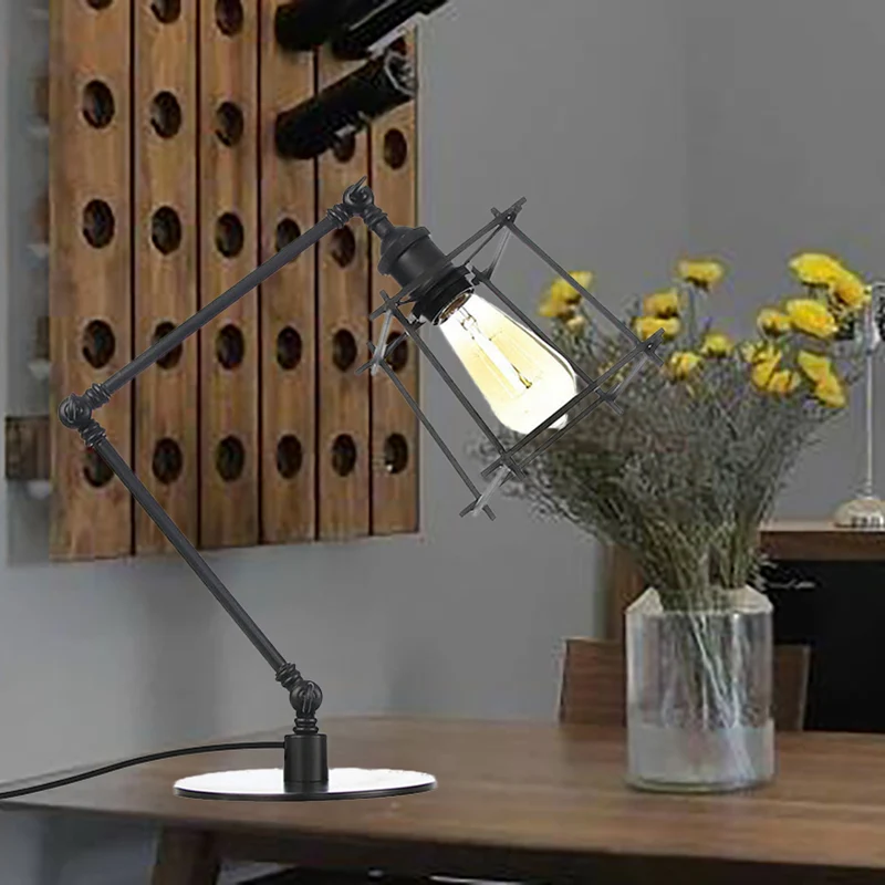 Metalen trapeziumvormige kooi-tafellamp Vintage stijl 1 kop Zwart/messing afwerking Tafelverlichting met verstelbare arm C...