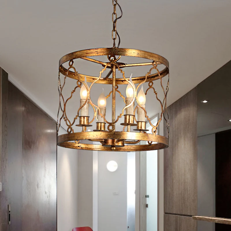 Metalen trommelkap kroonluchterlamp Retro 4-koppige slaapkamer hangende plafondlamp goud Clearhalo