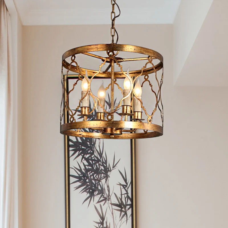 Metalen trommelkap kroonluchterlamp Retro 4-koppige slaapkamer hangende plafondlamp goud Clearhalo