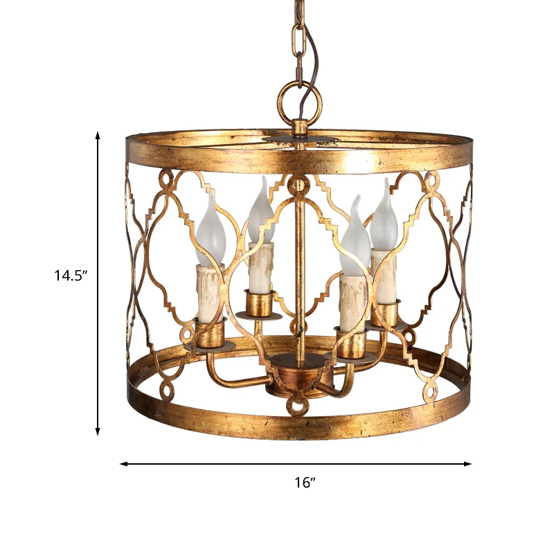 Metalen trommelkap kroonluchterlamp Retro 4-koppige slaapkamer hangende plafondlamp goud Clearhalo