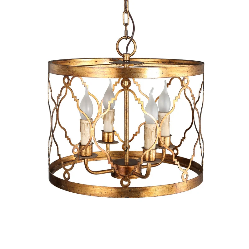 Metalen trommelkap kroonluchterlamp Retro 4-koppige slaapkamer hangende plafondlamp goud Clearhalo