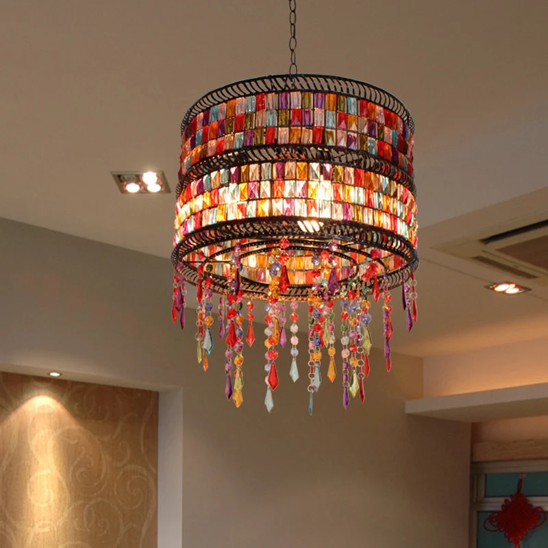 Metalen trommelkroonluchter hanglamp Art Deco 3-kops woonkamerdruppellamp brons met kristallen drapering Clearhalo