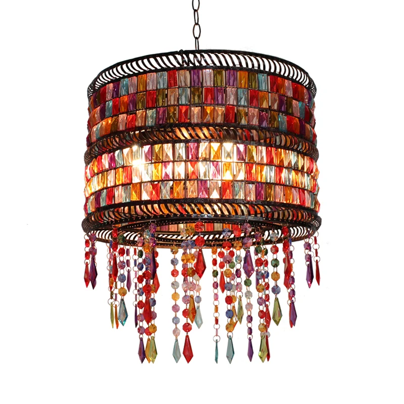 Metalen trommelkroonluchter hanglamp Art Deco 3-kops woonkamerdruppellamp brons met kristallen drapering Clearhalo