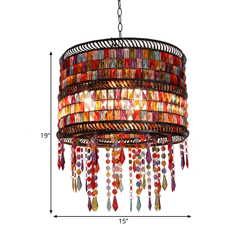 Metalen trommelkroonluchter hanglamp Art Deco 3-kops woonkamerdruppellamp brons met kristallen drapering Clearhalo