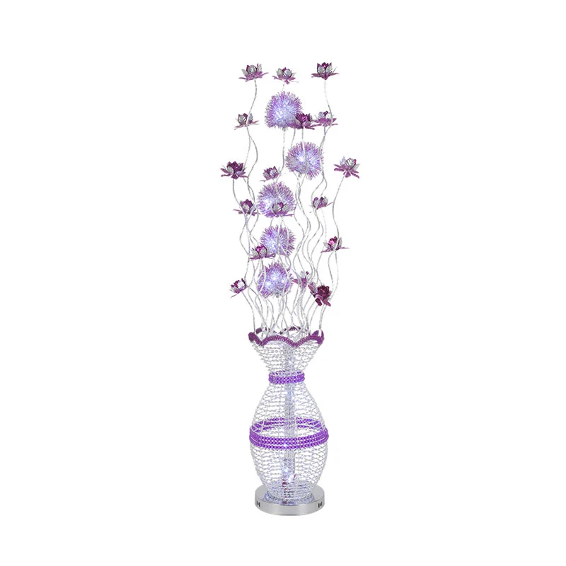 Metalen uitgeholde urn vloerverlichting Art Decor LED slaapkamer leeslamp met bloesemdecor paars, warm/wit licht Clearhalo