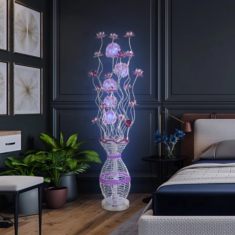 Metalen uitgeholde urn vloerverlichting Art Decor LED slaapkamer leeslamp met bloesemdecor paars, warm/wit licht Clearhalo