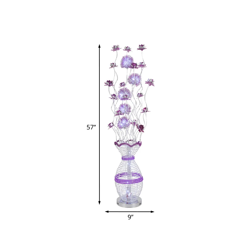 Metalen uitgeholde urn vloerverlichting Art Decor LED slaapkamer leeslamp met bloesemdecor paars, warm/wit licht Clearhalo